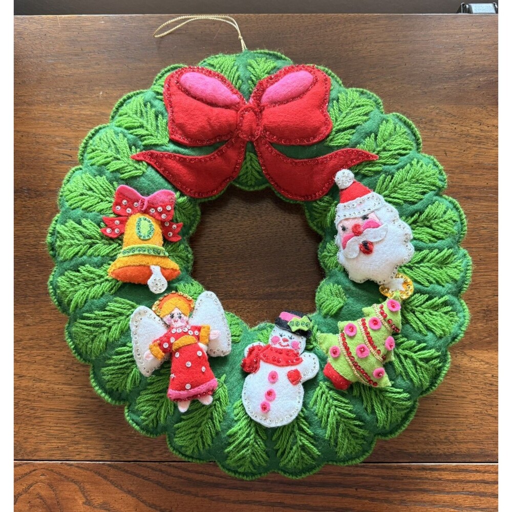 Bucilla Christmas Needlecraft "Jeweled" Wreath Christmas Wreath #3396 Completed